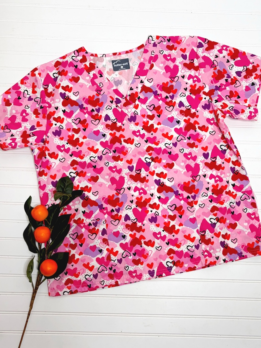 Butter-Soft Valentines Heart Print Scrub Top
